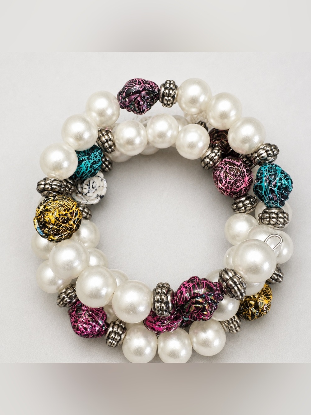 Multicolor Pearl-Style Beaded Metal Wire Wrap Bracelet